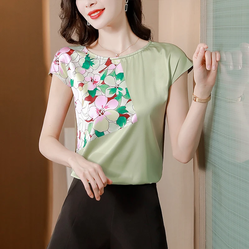 

Cotton Women's T-shirt Summer Floral Print O-neck Short Sleeve Top New Casual Fashion Tees Houthion