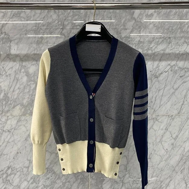 

Женский хлопковый кардиган в полоску, повседневный облегающий кардиган с V-образным вырезом в стиле пэчворк, весна-осень 2023