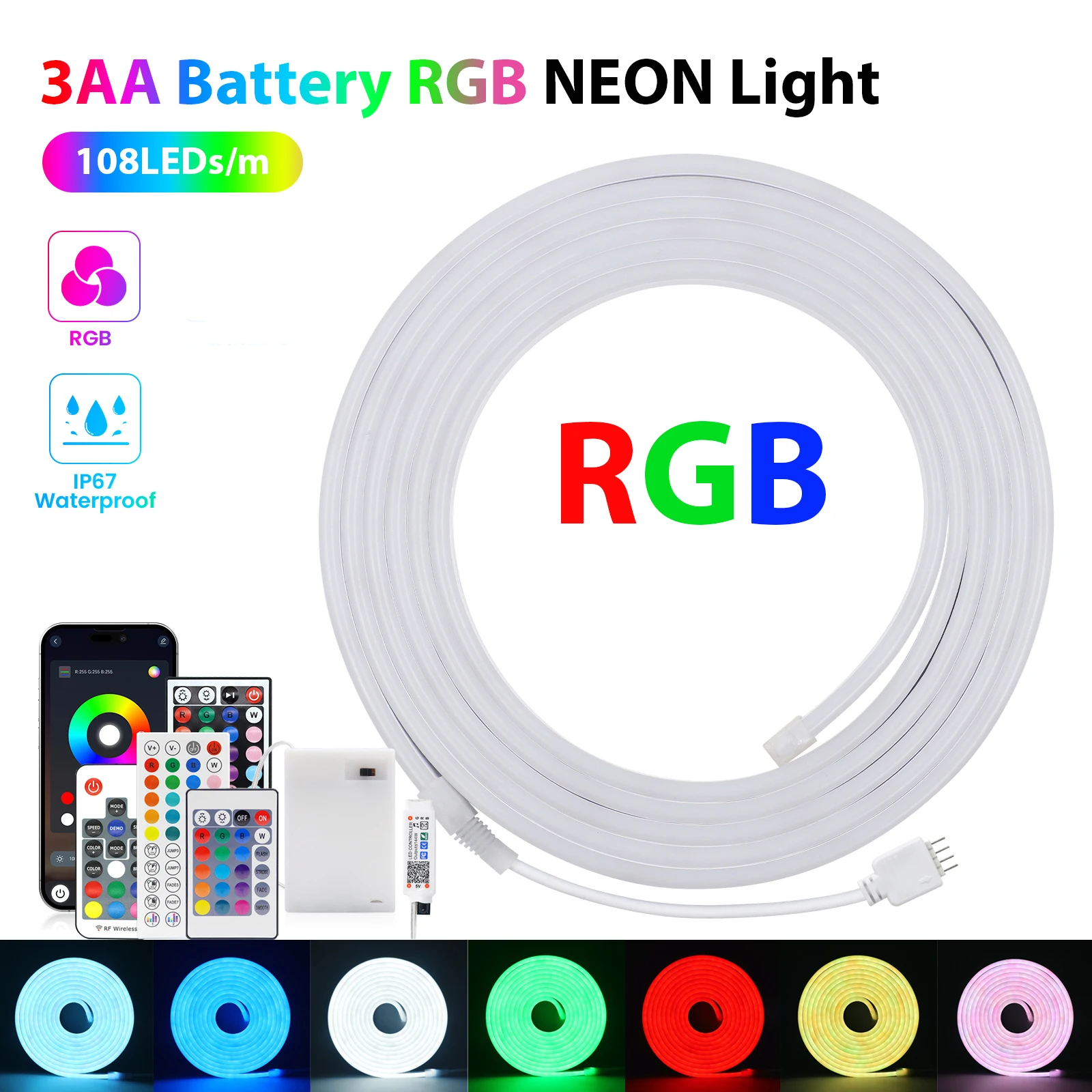 Фото 3AA Battery Powered 5V RGB Color-changing LED Neon Strip Light 1M 2M 3M Waterproof With Bluetooth Remote Control For Home Decor №1