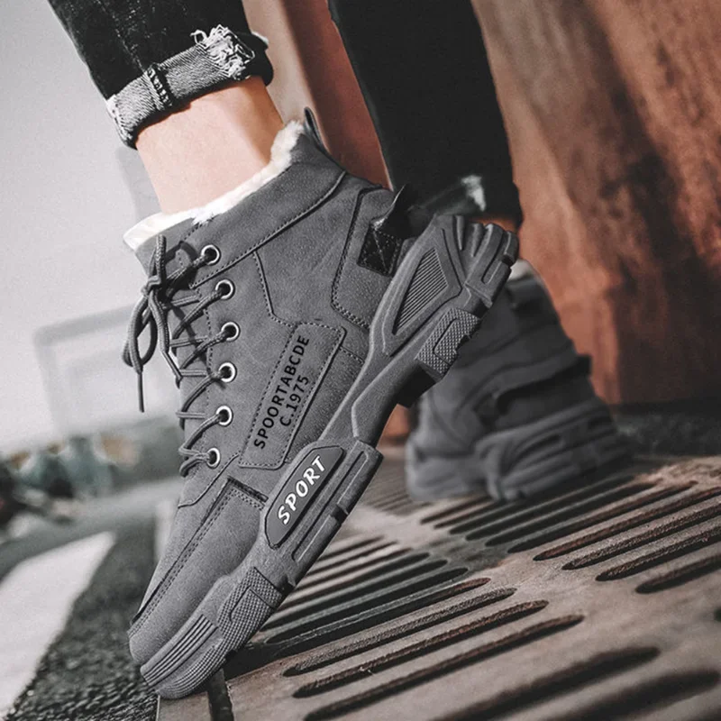 Ботинки мужские зимние плюшевые повседневные на шнуровке нескользящие теплые