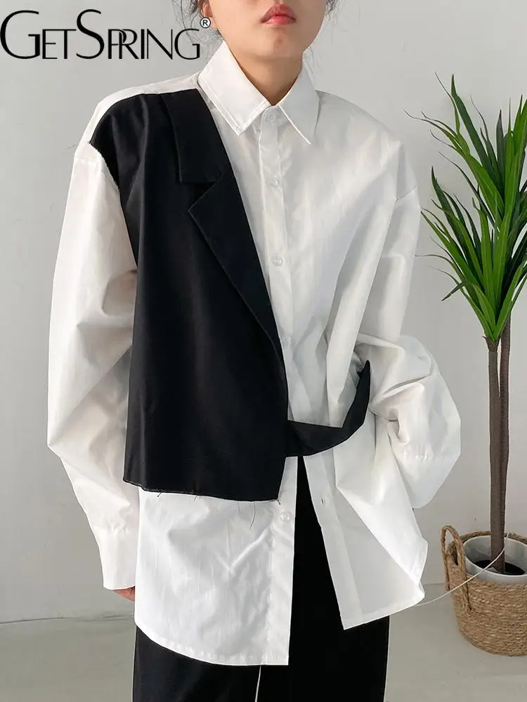 

GetSpring Women Shirt Black White Patchwork Fake Two Loose Casual Long Blouse Fashionable Simple All Match Autumn Tops 2022 New