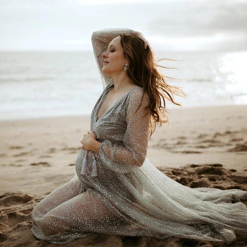 

See-Through Sequin Maternity Photography Dresses Maxi Lace Dress Baby Shower Photo Shoot Gown Accessories