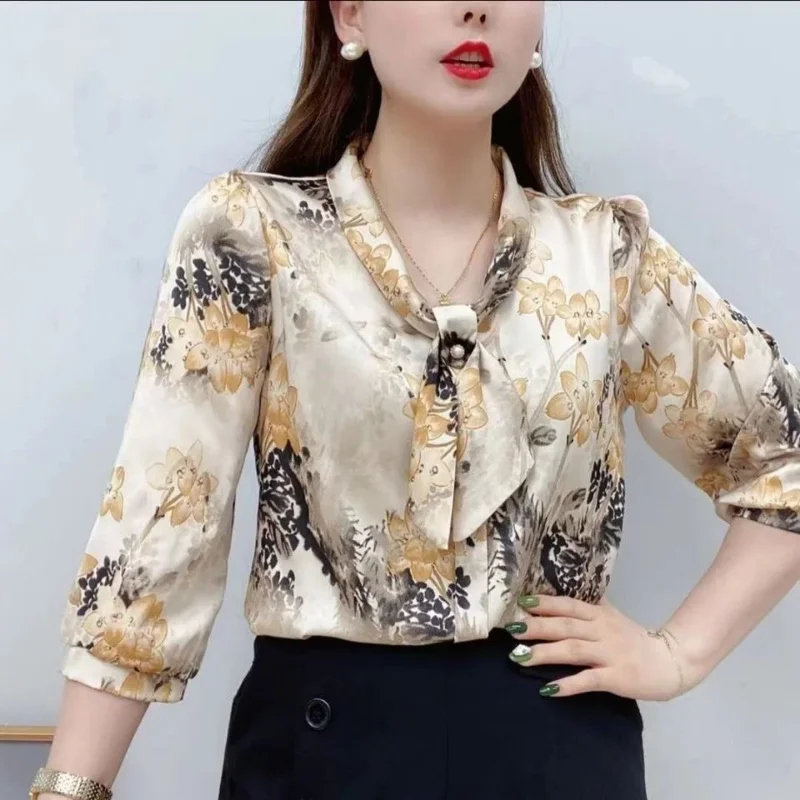 Womens Tops 2023 Women's Spring/Summer Style Chiffon Shirt Women's Casual Half Sleeve Bow Neck Printed Mom's Large Shirt Top