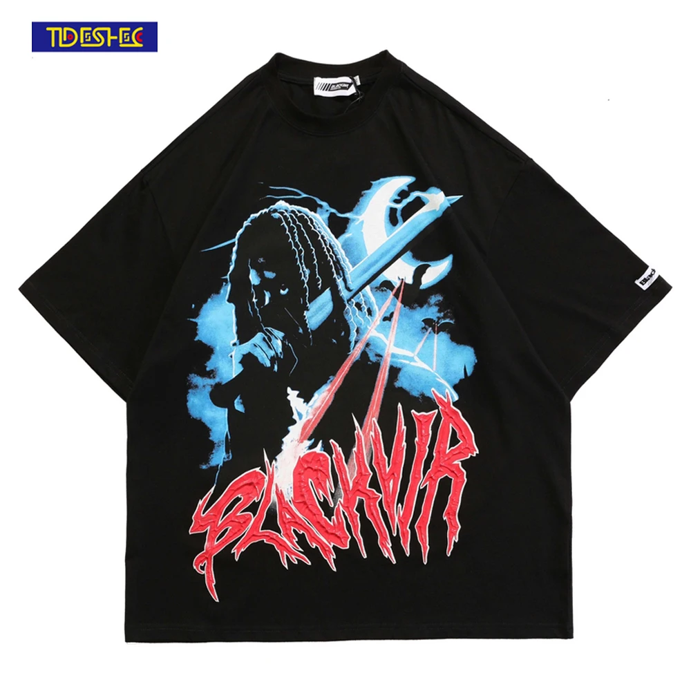

TIDESHEC Men Oversized T-Shirt Streetwear Hip Hop Tops Letter Swordsman Print Tshirt 2022 Summer Harajuku Short Sleeve T Shirt