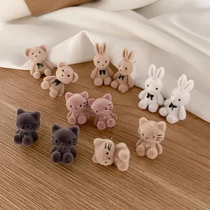 1Pair Small Plush Bear Stud Earrings Cute Cat Rabbit Flocking Animal Earrings for Women Girls Ear St in USA (United States)