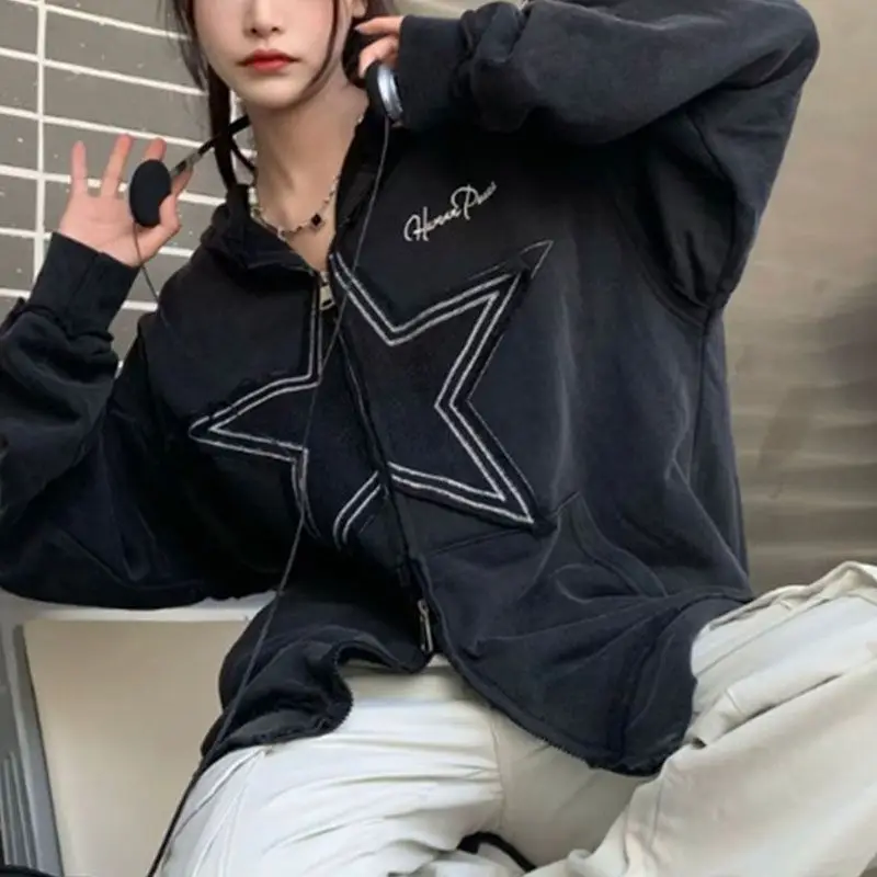 

Women Sweatshirts Hoodies 2023 Japanese Harajuku Star Embroidery Zipper Y2k Outwear Tops Casual Fashion Hooded Gothic Hoodie