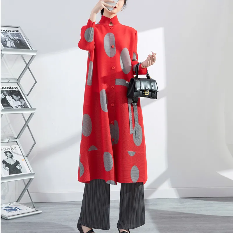 

Miyake Pleated Polka-Dot Jacket Dress 2021 Autumn New Button Cardigan Loose Large SizeThree Quarter Sleeve Dress