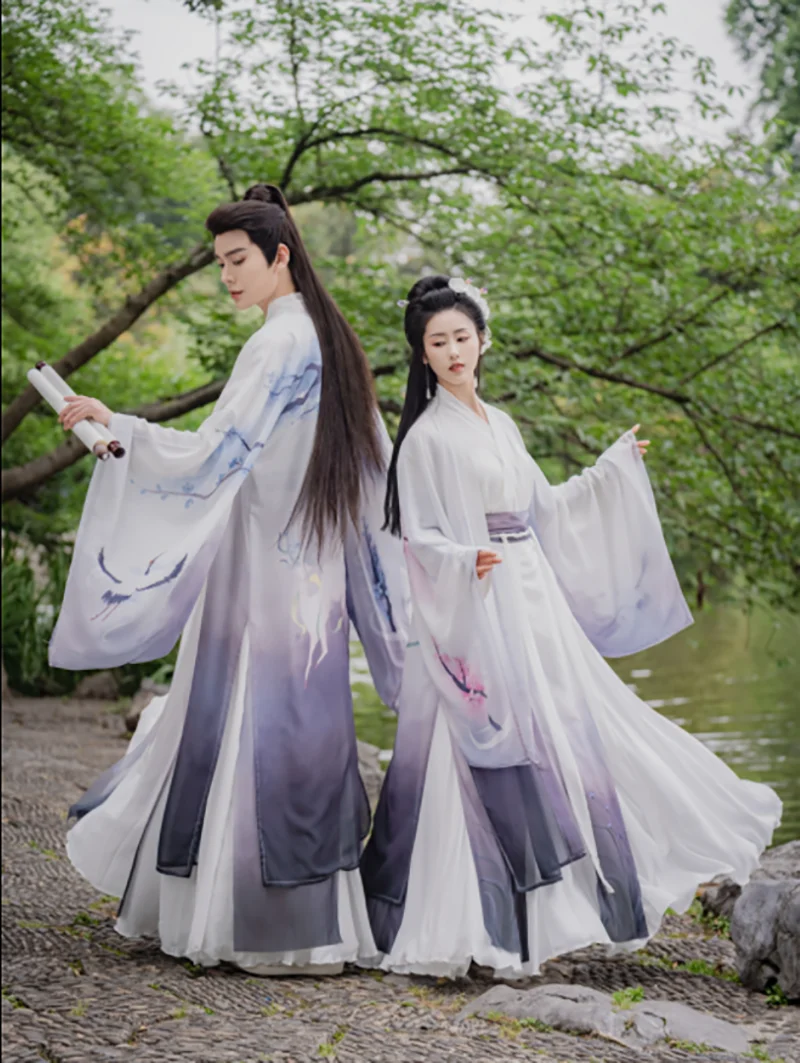 

Hanfu Couples Ancient Chinese Hanfu Chiffon Dress Men&Women Cosplay Costume Summer Gradient Gray Hanfu For Women Men Plus Size