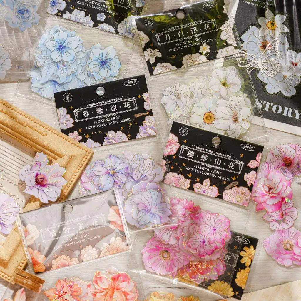 

30Pcs Special Oil Laser Gold Handbook Decorative Stickers Vintage Flowers Deco Sticker Scrapbooking Diary Album Journal DIY