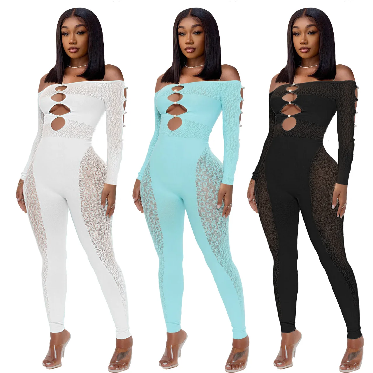 

Women Bodycon Jumpsuit Hollow Out Patchwork Mesh Perspective Leopard Print Pearl Button One Shoulder Summer Sexy Romper Overalls