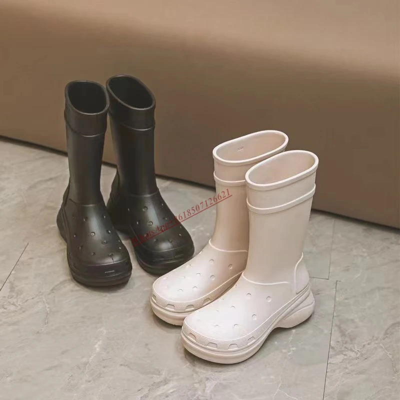 Solid Color Slip-On Mid-Calf Boots Women's New Rain Boots Large Size Waterproof Short Boots