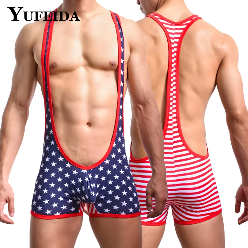 YUFEIDA Sexy Mens Undershirt Underwear Soft USA Flag Bodysuit Sexy Tank Tops Men One Piece Jumpsuit Wrestling Singlet Undershirt