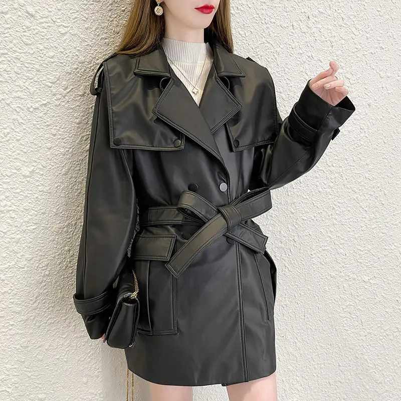 Leather Women's Autumn 2022 New Lace-up Waist Slimming Mid-length Navy Collar Leather Jacket