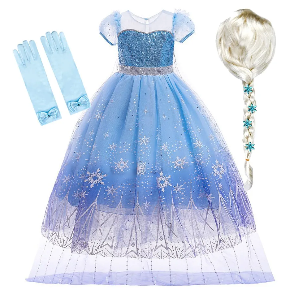 

Платье Эльзы для девочек, косплей, украшения для дня рождения, Рождественский костюм на Хэллоуин, платье для девочек с париком, волшебная палочка, детское Макси-платье
