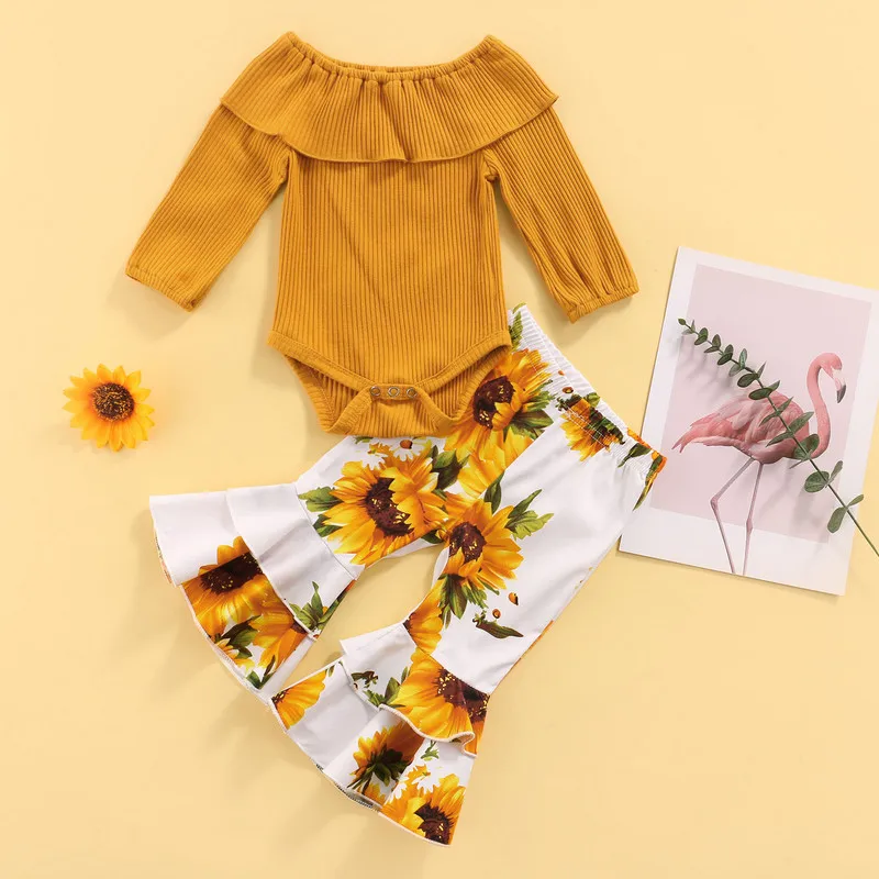 

Повседневная одежда для новорожденных девочек 2 шт., осенний костюм для малышей в рубчик с длинным рукавом и круглым вырезом, комбинезон с об...