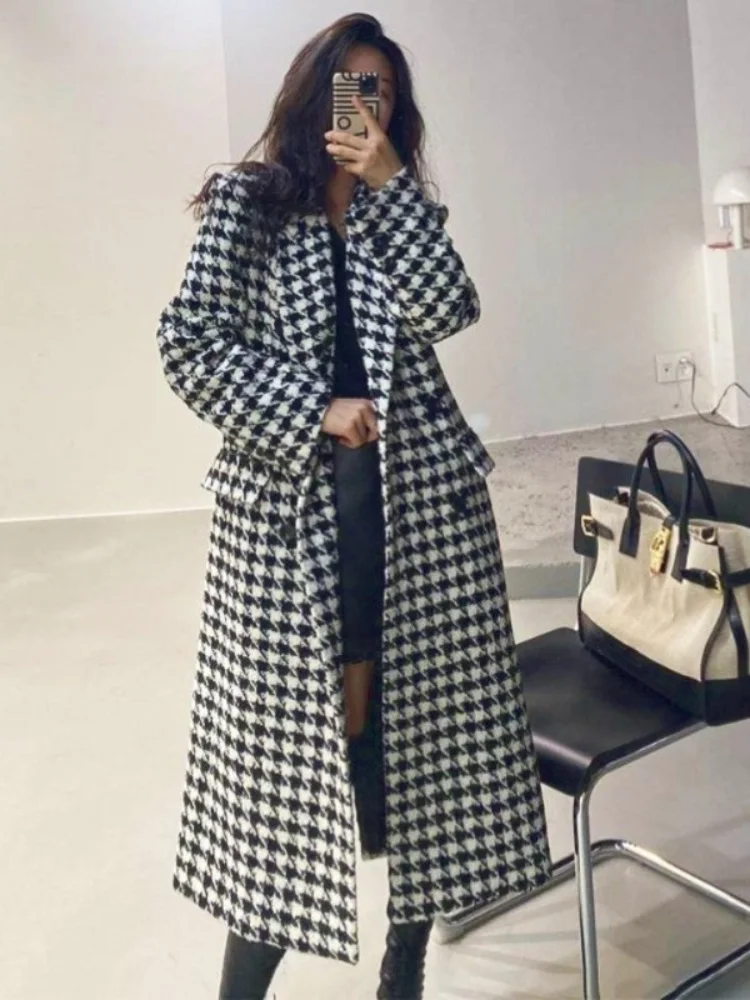 

Women Long Plaid Woolen Coat Slim Houndstooth Jacket