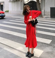 2022 womens spring new ruffled fishtail dress temperament commuter loose round neck retro twist over the knee long skirt