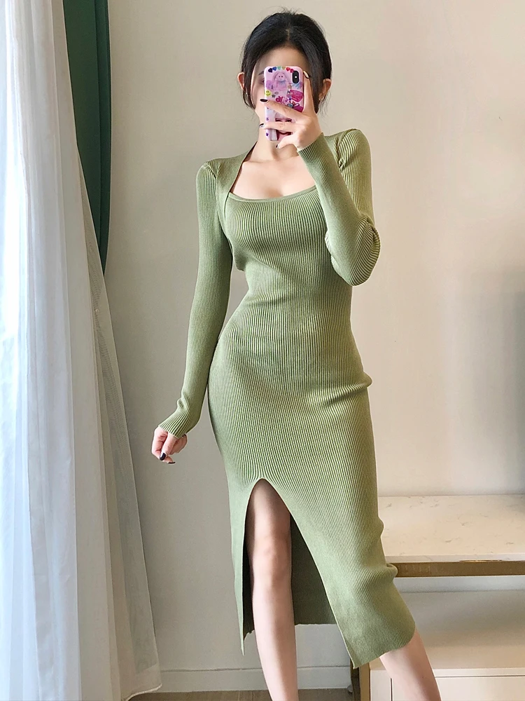 

Dresses Women Elastic Robe Elegant Vestidos Temperament Sexy Square Bag Hip Slim Slit Long Sleeve Knitted Midi Dress Sweaters