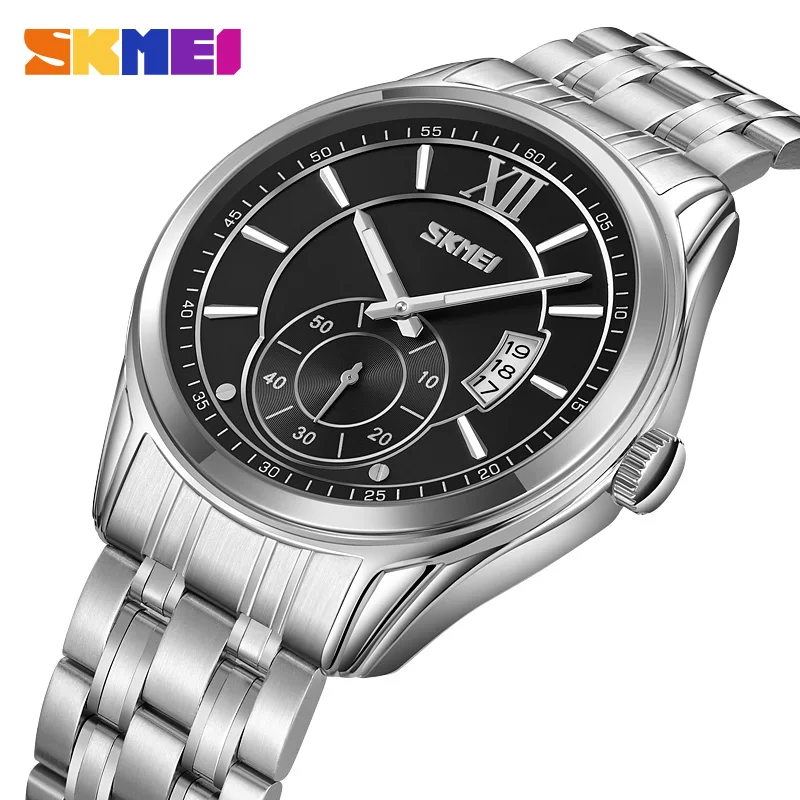 

SKMEI Top Brand Luxury Full Steel Moon Phase Quartz Watches Mens Casual Date Waterproof luminous hands Wristwatch reloj hombre