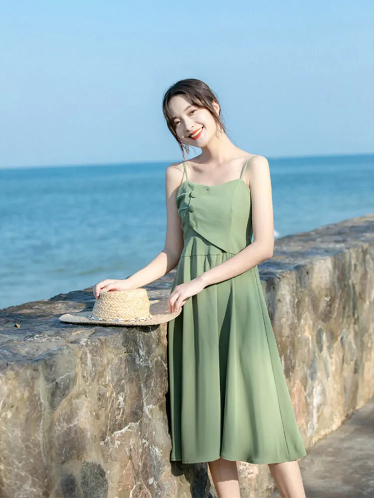 

Summer Green Dress Womens Straps Dress Sleeveless Sexy Korean Fashion Grey Suspender Simple Temperament Longuette Skirt Dress