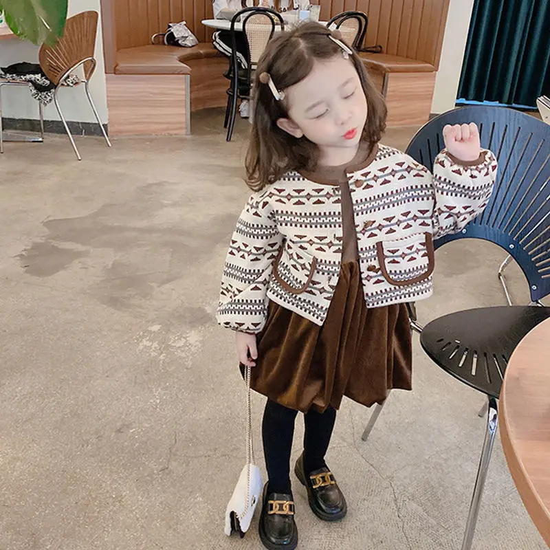 Girls Spring Autumn Set 2022 New Korean Style Knitted Retro Style Dress Cotton Two-Piece Set Fashion Baby
