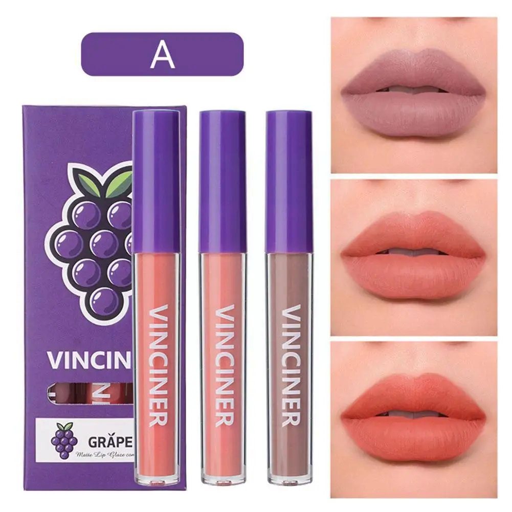 

3pcs Velvet Matte Fruit Lip Glaze Set Long Lasting Cup Gloss Lip Moisturizing Non-stick Waterproof Lipstick Red Liquid Sexy Z9F7