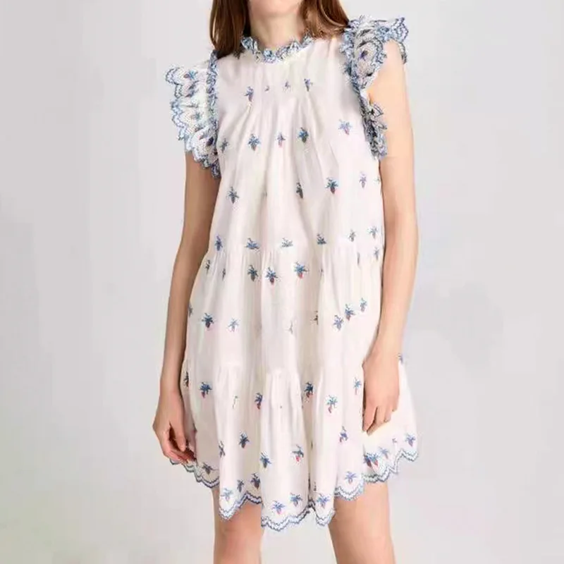 Spring and Summer 2023 New Women Stand Collar Ruffled Embroidered A-line Dress
