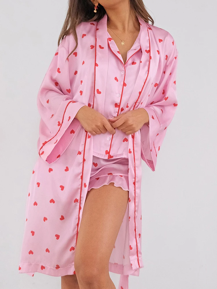 

Пижама с принтом Linad для женщин, комплект из 3 предметов, свободный халат, женская одежда для сна с коротким рукавом, повседневные Костюмы с шортами и оборками, лето 2023