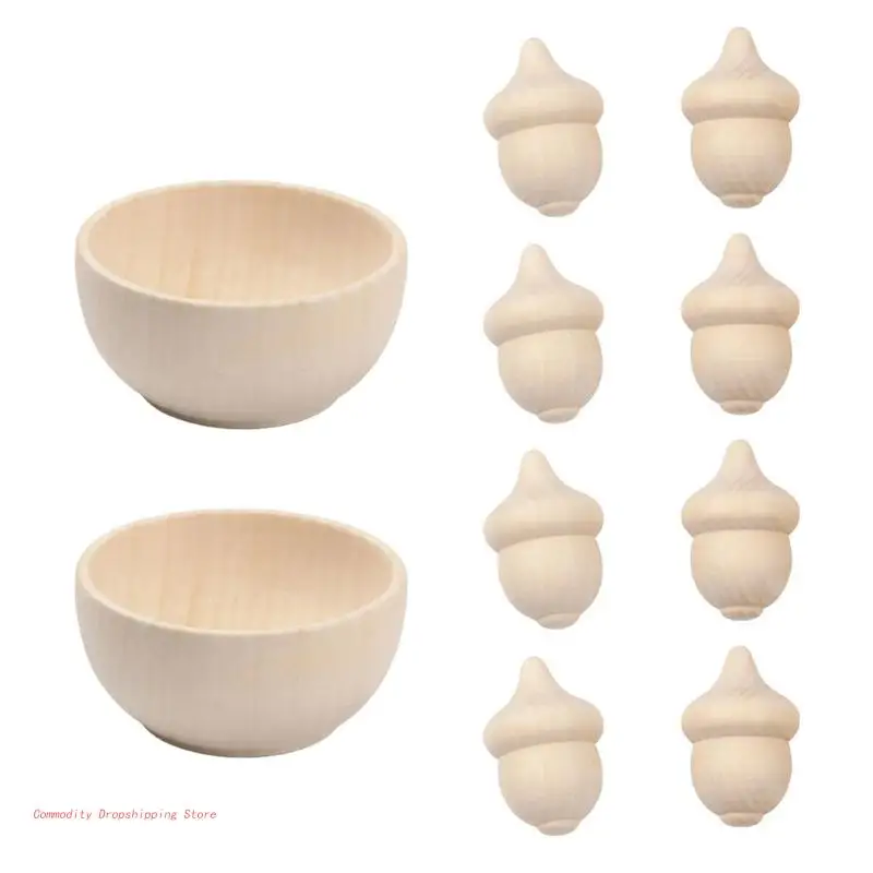 

Unfinished Wooden Acorn & Bowl Kit 8 Acorns 2 Bowls Set Handicraft Decor Kit for DIY Painting Art Projects