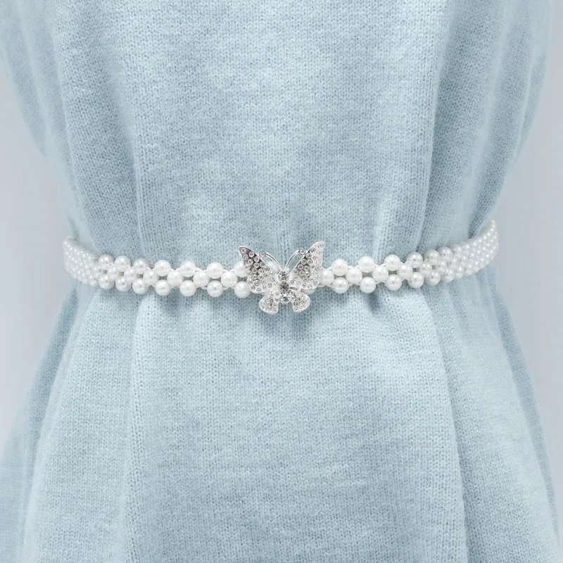 

Imitation Pearl Elastic Thin Belt For Women Fashion Dress Decor Waistband White Pearls Beaded Metal Button Stretchy Waist Chain