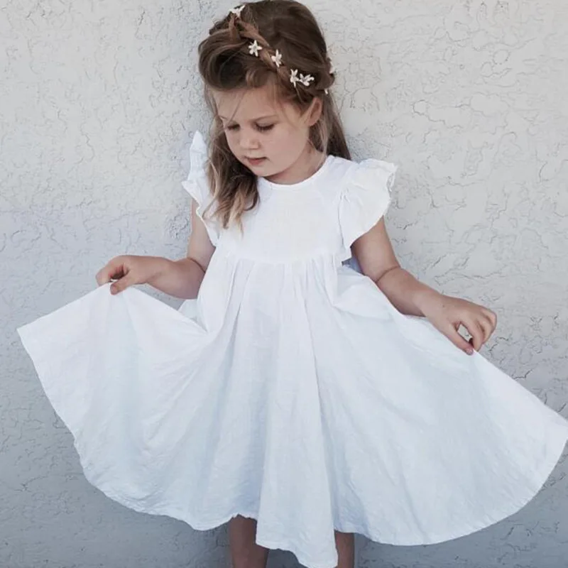 

Toddler Baby Girls Summer Dress White Cotton Linen Ruffles Princess Dresses Sleeveless Children Casual Dress Bow Kids Clothes