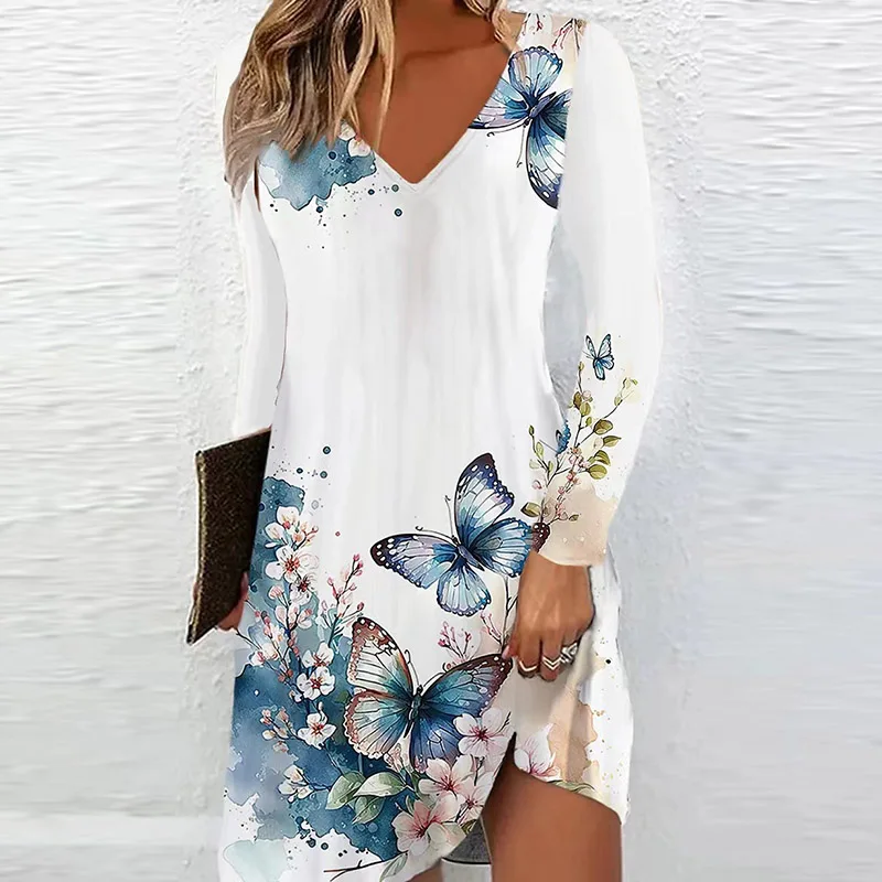 

Женское ТРАПЕЦИЕВИДНОЕ ПЛАТЬЕ с цветочным принтом, длинным рукавом и V-образным вырезом, Модное Элегантное повседневное приталенное простое платье на весну и лето, новинка 2023