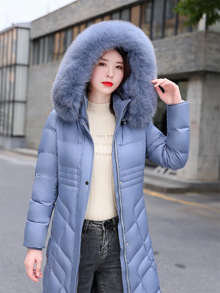 New Women Long Down Jacket Winter Casual Fashion Thicken Warm Real Fox Fur Collar White Duck Down Coat Slim Hooded Overcoat