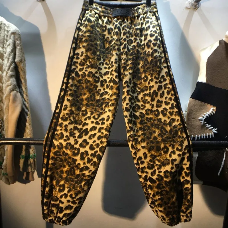 Leopard Plus Velvet Harlan Pants Women Elastic Waist Loose Casual Trousers q76