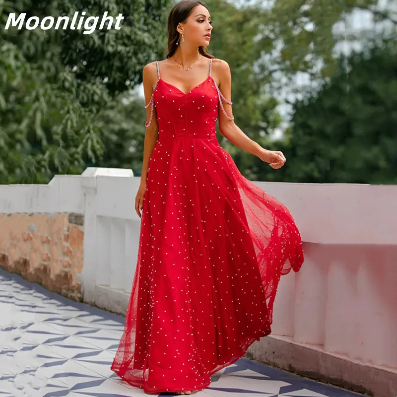 

Moonlight Sexy Red Beads Evening Dress V-Neck 2022 A-Line Sleeveless Prom Gowns Backless Spaghetti Straps Pleats Robes De Soirée