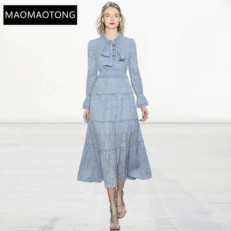 

Women's Clothing Fashion Designer Dress Spring Women's Dress Bow Collar Long Sleeve Elastic Waist Flocking Elegant Dresses