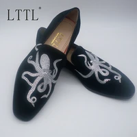 new arrival black suede leather men shoes high quality embroidery octopus loafers with rhinestones slip on dress shoes for men