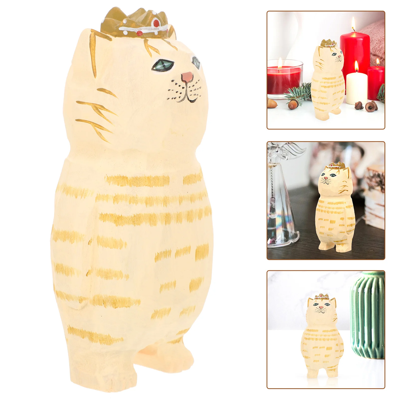 

Animal Cat Wooden Kitten Sculpture Ornament Carving Carved Statue Decoration Figurines Toppers Cute Dashboard Car Desktop