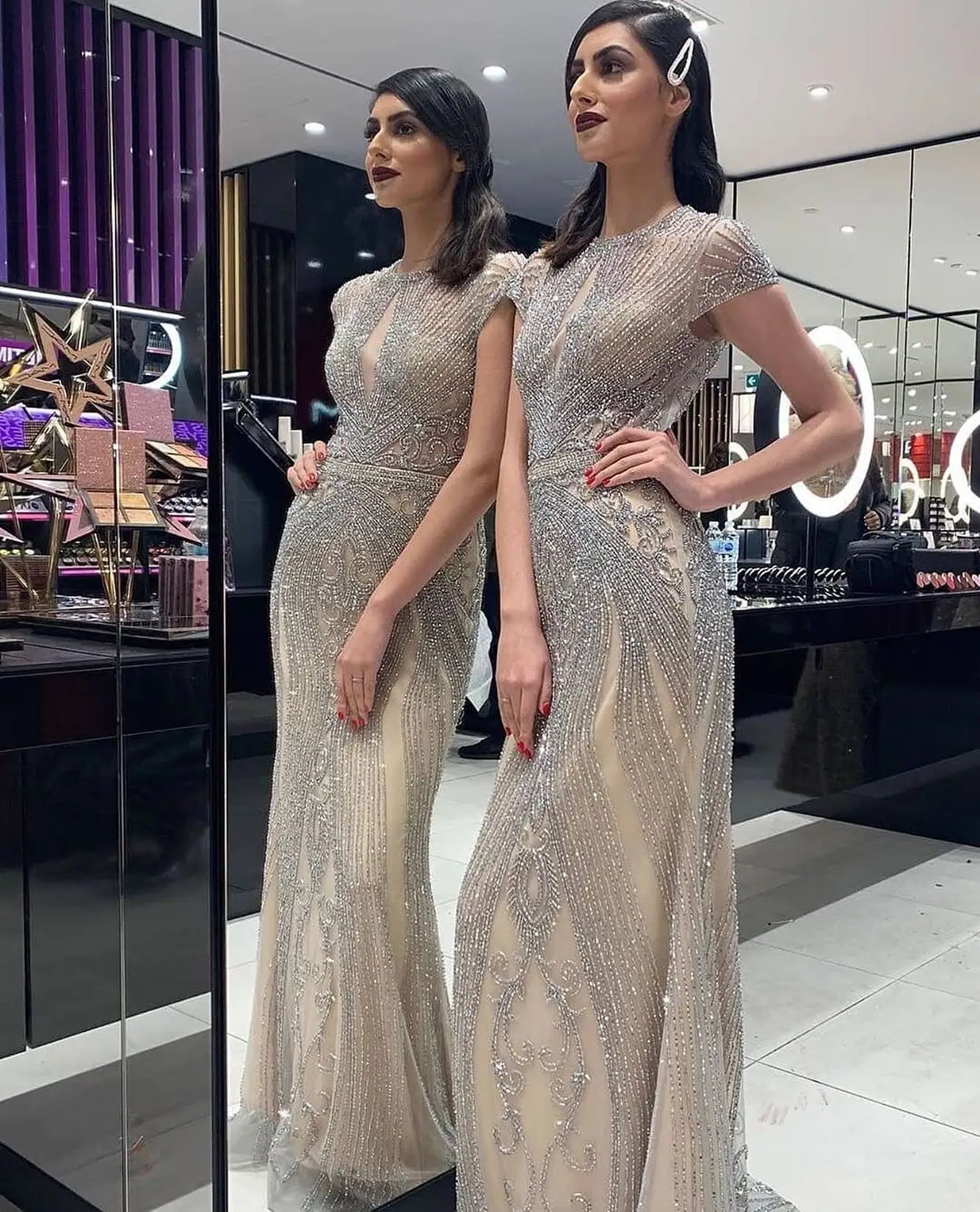

Luxury Dubai Champagne Beaded Mermaid Evening Dresses O-Neck Long Formal Wedding Prom Party Gowns for Women