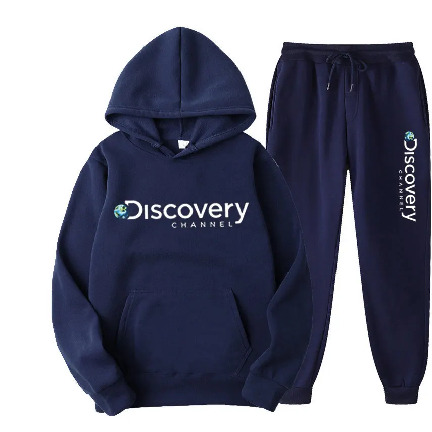 2022 Discovery Channel Men's Sweatshirt+Sweatpants Set Autumn Winter Warm Sportswear Set Men's Street Fashion Hoodie