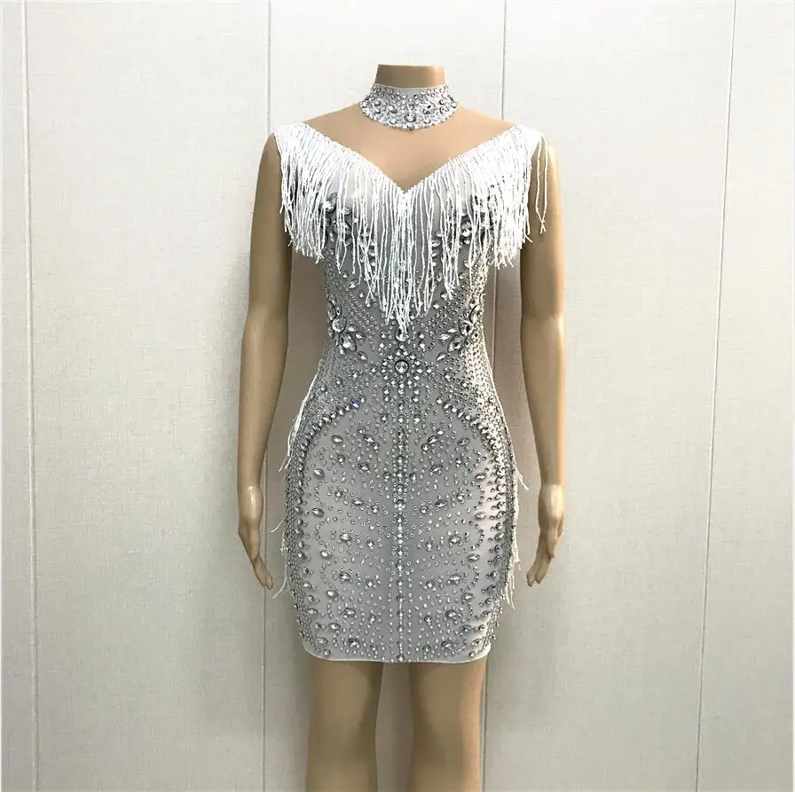 

Женское Сетчатое платье стразы, белый прозрачный наряд для танцев на день рождения, для ночного клуба и выпускного вечера