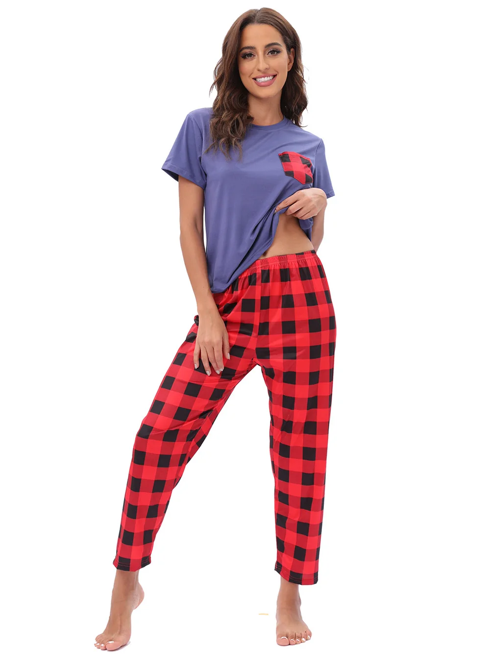 

Women's Cozy Pajamas Set Pocket Patched Crew Neck Tee & Plaid Pants Sleepwear Lingerie Casual Loungewear Underwear