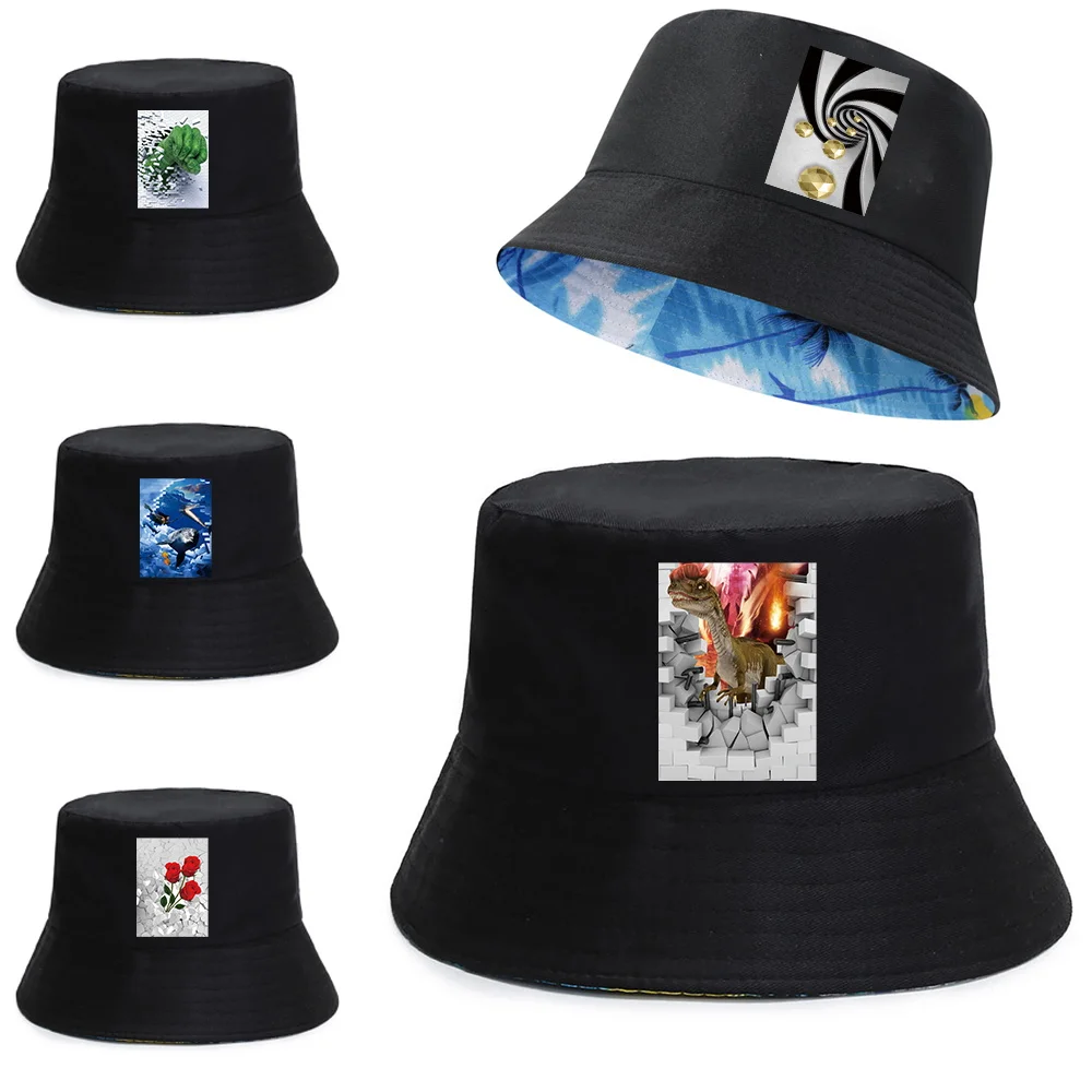 

New Double-sided Fisherman Caps Fashion Women's Summer Reversible Visors Cap Men Fishing Hats 3D Pattern Pure Cotton Panama Hat