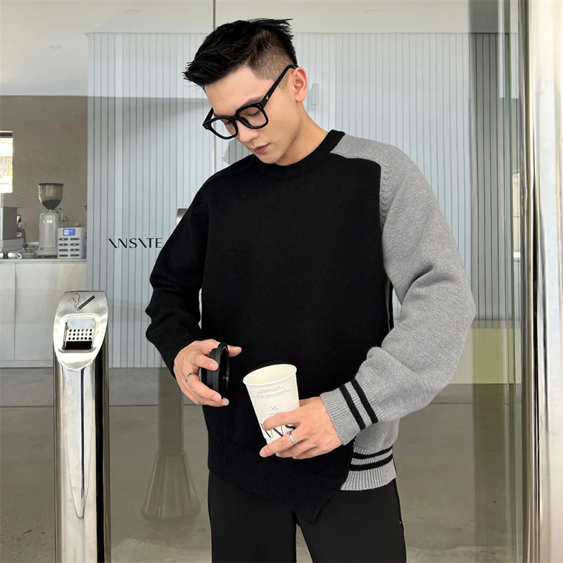 Мужские пуловеры с круглым вырезом вязаные свитера в стиле пэчворк осенняя