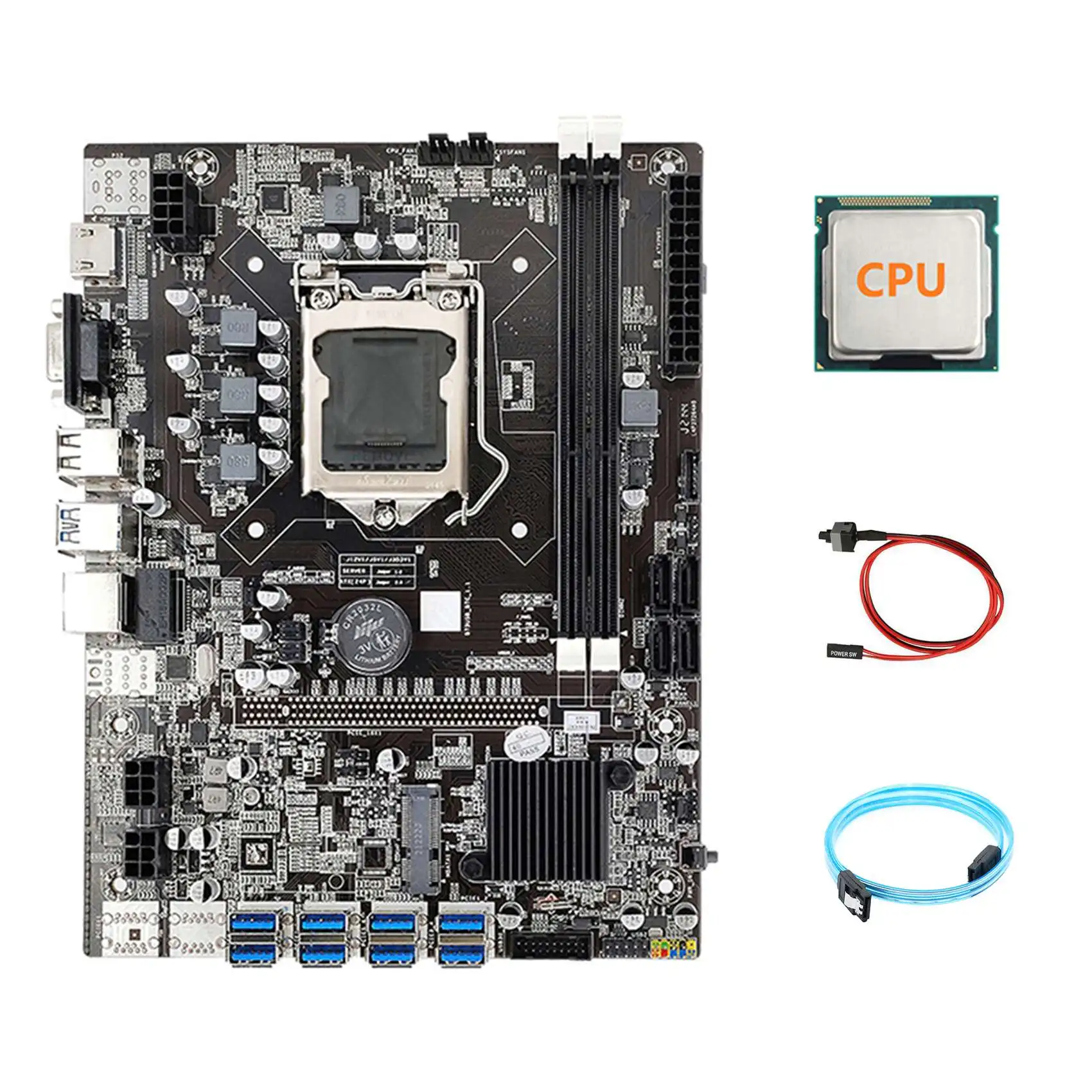 B75 ETH Mining Motherboard 8XPCIE USB Adapter+CPU+SATA3.0 Serial Port Cable+Switch Cable LGA1155 B75 Miner Motherboard