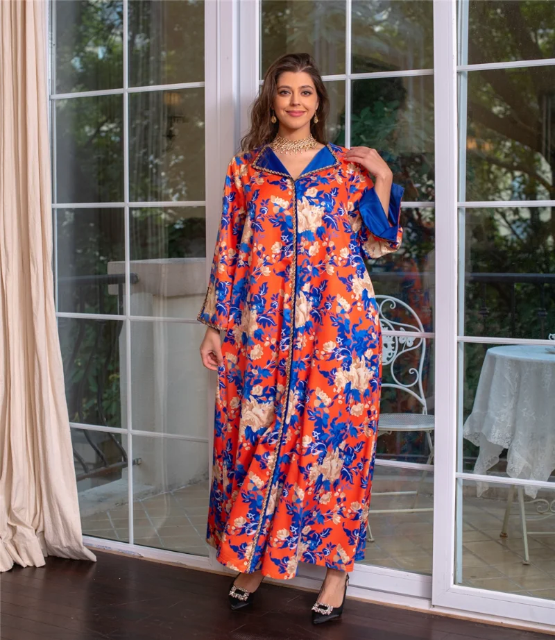 Eid Muslim Fashion Women Abaya Floral Print Bohemian Long Sleeve Dress Islamic Clothing Dubai Turkey Kaftan Robe Party Gown