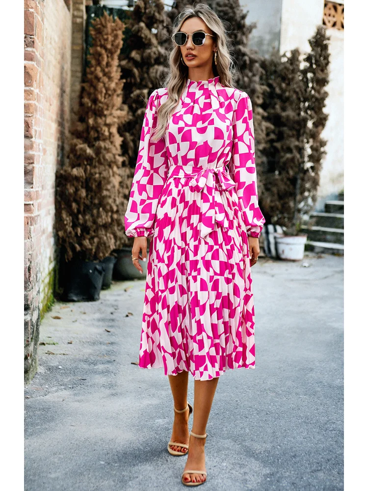 

Женское осенне-зимнее длинное платье миди с принтом, элегантный повседневный Модный женский пуловер для офиса, уличная одежда, платье с длинным рукавом и рюшами на воротнике