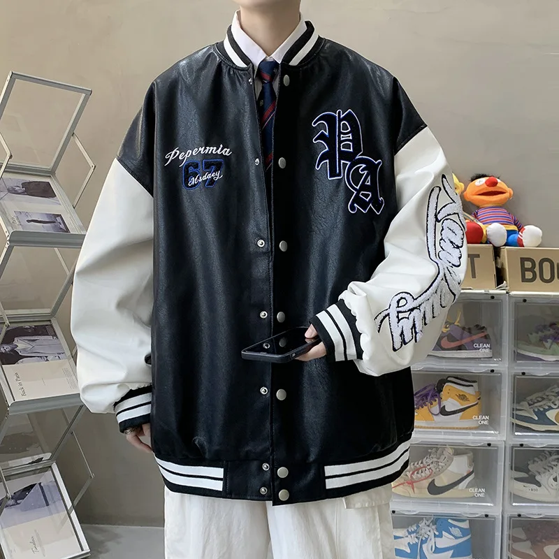 

2022 New Spring and Autumn Ami Khaki American Retro Flocking Towel Embroidered Leather Baseball Uniform Men's Jacket Jacket