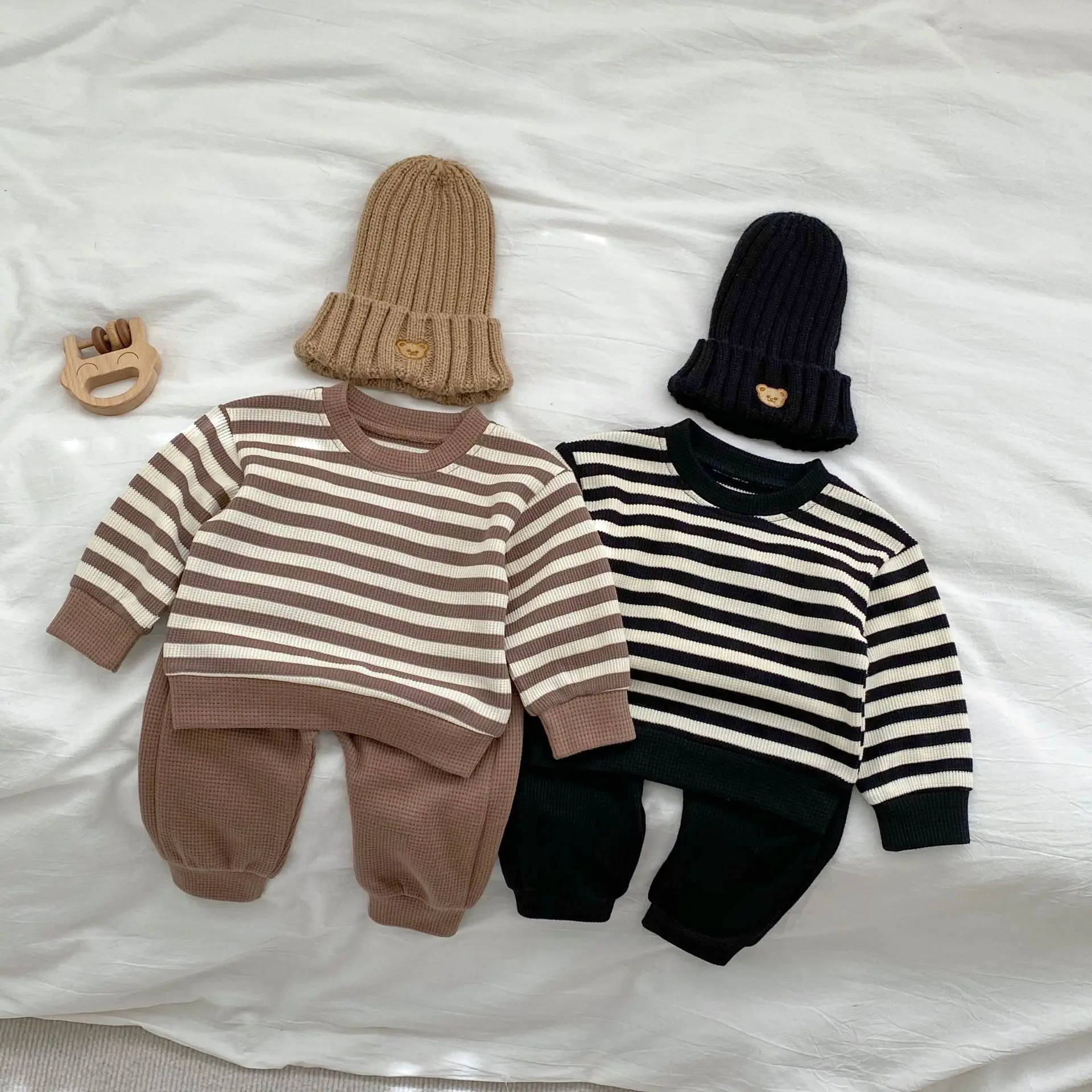 

Boys & Girls Waffle Stripes Fall Outfits 2-Pack Long Sleeve Boutique Clothes for Kids