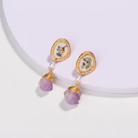 2022 hand made wire wrap raw stone seashell enamel drop semi precious stud earrings jewelry for women new arrivals luxury